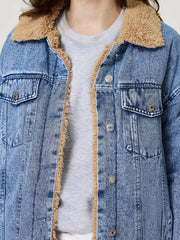 Women Button Up Collared Neck Plush Denim Jacket