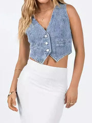 Women Button Up Sleeveless Denim Top