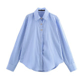 Women Casual Button Embellished Striped Poplin Shirt