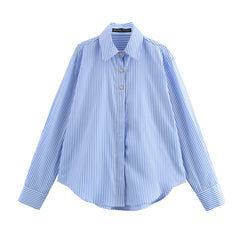 Women Casual Button Embellished Striped Poplin Shirt