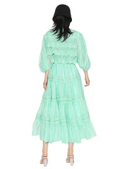 Women Embroidery Single Breasted Spliced Lace Up Dress