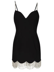 Women Elegant V-Neck High Waist Tassel Spaghetti Strap Dress