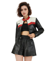 Women Biker Leather PU Splicing Short Jacket