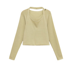Women Round Necked Fold Over Sleeved Knitted Sweater