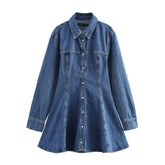 Women Casual Single Breasted Lapel Denim Dress