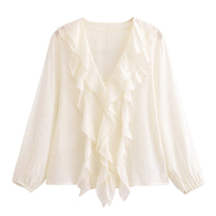 Women Casual Layered Ruffle Edge Deep V-Neck Shirt
