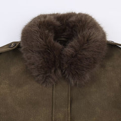 Women Leather PU Detachable Fur Collar Jacket