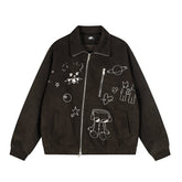 Women Graffiti Embroidery Flip Collar Melange Jacket