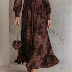 Women Vintage Print Bubble Sleeve V-Neck Fitted Maxi Dress