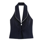 Women Bow Spliced Neck Halter Tank Top