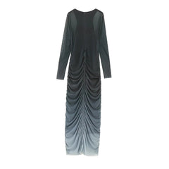 Woman Vintage Pleated Printed Silk Midi Long Dress
