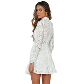 Women Elegant White Lace Embroidery Mini Dress
