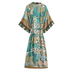 Women Cotton Peacock Print Cardigan Robe Dresses