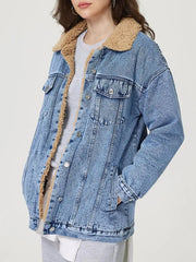 Women Button Up Collared Neck Plush Denim Jacket
