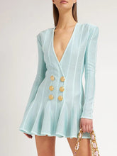 Women Elegant Green Striped V-Neck Zip Mini Dress