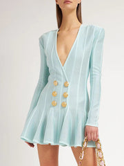 Women Elegant Green Striped V-Neck Zip Mini Dress