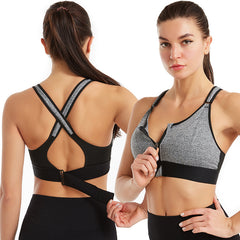 Adjustable Front Zipper Sports Bra, Shockproof, Wire-Free, Back Cross Design, Yoga Bra for Women