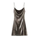 Woman Metal Shimmer Midi Slip Dresses