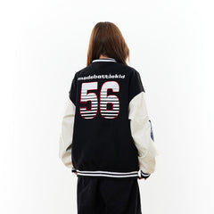 Women Leather Patchwork Contrasting Baseball Jacket