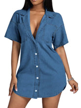 Women Button Down Collared Neck Denim Dress