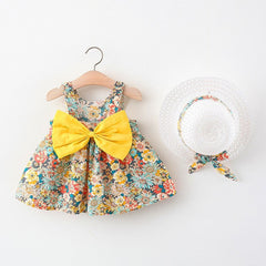 Kids Girls Pastoral Princess Dress + Beach Hats Set