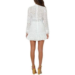 Women Elegant White Lace Embroidery Mini Dress