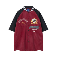Men Sports Badge Baseball Collared Striped Shirt