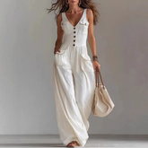 Pocket V-neck button vest jumpsuit for women