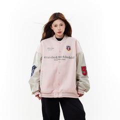 Women Leather Patchwork Contrasting Baseball Jacket