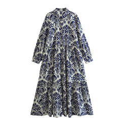 Woman Vintage Lapel Front Button Ruffle Dress