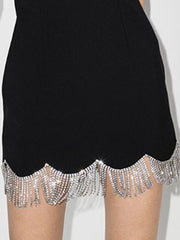 Women Elegant V-Neck High Waist Tassel Spaghetti Strap Dress