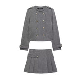 Women Breasted Jacket & Wide Pleated Short Skirt Co Ords
