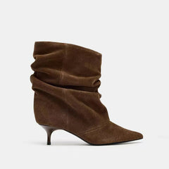 Pleated Mid-Calf Boots for Women Pointed Toe Medium Heel Velvet Boots
