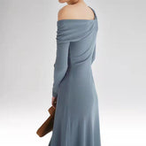 Women Asymmetric Cotton Pleated V-Neck High Waist Dress