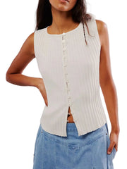 Women Button Down Round Neck Sweater Vest