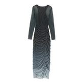 Woman Vintage Pleated Printed Silk Midi Long Dress