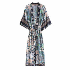Women Cotton Peacock Print Cardigan Robe Dresses