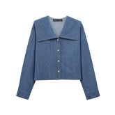 Women Casual Breasted Flat Collar Denim Shirt