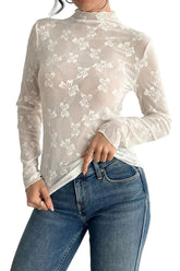 Women Bow Print Mock Neck Long Sleeve T-Shirt