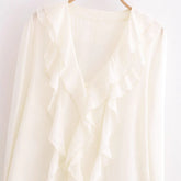 Women Casual Layered Ruffle Edge Deep V-Neck Shirt