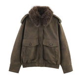 Women Leather PU Detachable Fur Collar Jacket