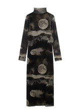 Women Tulle Printed Turtleneck Vintage Long Sleeve Dress