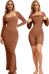 Women Built-In Shapewear Long Sleeve Maxi Dress