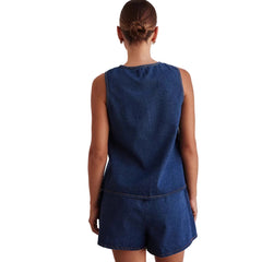 Women Casual Denim Sleeveless Lace Up Vest + Shorts Set