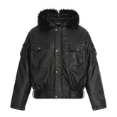 Women Leather PU Zipper Hooded Fashion Jacket