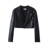 Women Faux Leather Cropped Jacket + Button Mini Skirt Suit