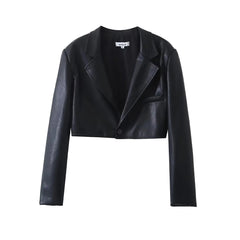 Women Faux Leather Cropped Jacket + Button Mini Skirt Suit