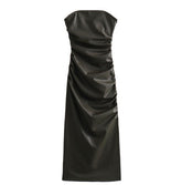 Women Fashion Strapless Faux Leather Draped Midi Dress
