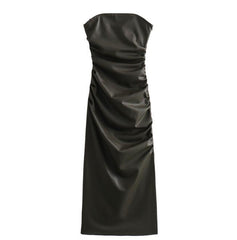 Women Fashion Strapless Faux Leather Draped Midi Dress