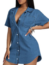 Women Button Down Collared Neck Denim Dress